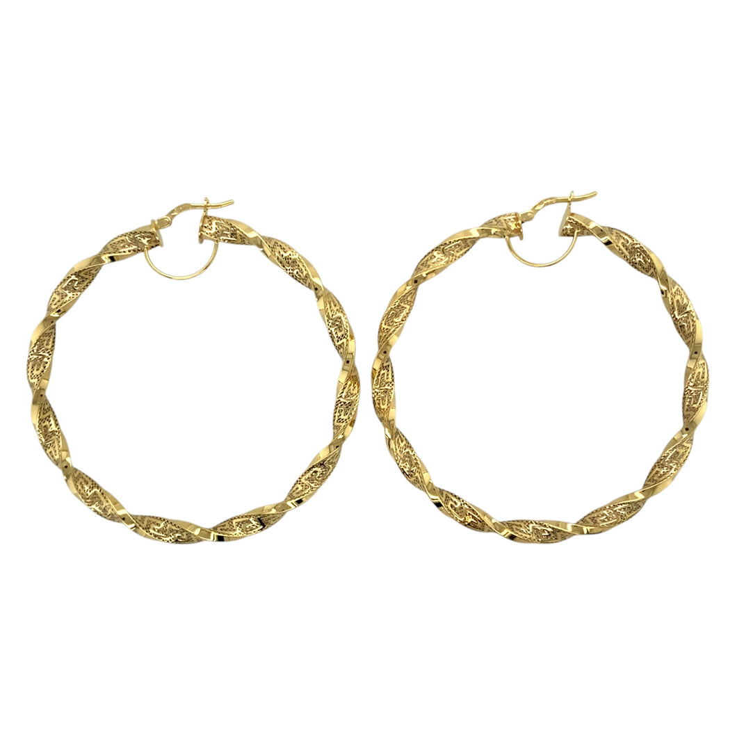 New 9ct Gold 57mm Greek Key Twisted Creole Hoop Earrings