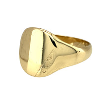 Load image into Gallery viewer, Preowned 9ct Yellow Gold slight patterned Signet Ring in size W with the weight 5.60 grams. The front of the ring is 15mm high
