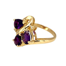 Load image into Gallery viewer, Preowned 9ct Yellow Gold Diamond &amp; Amethyst Set Dress Ring in size N with the weight 3.90 grams. The amethyst stones are each 7mm by 5mm
