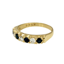 Load image into Gallery viewer, Preowned 9ct Yellow Gold Diamond &amp; Sapphire Set Band Ring in size O to P with the weight 2.20 grams. The sapphire stones are each 3mm diameter
