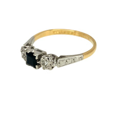 Load image into Gallery viewer, Preowned 18ct Yellow and White Gold Diamond &amp; Sapphire Set Trilogy Ring in size M with the weight 2.20 grams. The sapphire stone is approximately 3.5mm by 3.5mm
