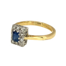 Load image into Gallery viewer, Preowned 18ct Yellow Gold &amp; Platinum Diamond &amp; Sapphire Set Vintage Cluster Ring in size J to K with the weight 2.80 grams. The sapphire stone is 4mm by 3mm
