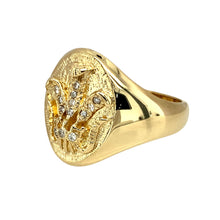 Load image into Gallery viewer, Preowned 9ct Yellow Gold &amp; Diamond Set Three Feathers Oval Signet Ring in size Q to R with the weight 8.10 grams. The front of the ring is 18mm high
