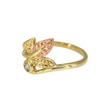 Load image into Gallery viewer, Preowned 9ct Yellow and Rose Gold &amp; Diamond Set Clogau Leaf Ring in size P with the weight 2.90 grams. The front of the ring is 12mm high
