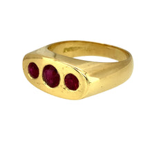 Load image into Gallery viewer, Preowned 18ct Yellow Gold &amp; Ruby Set Trilogy Signet Ring in size R with the weight 13.80 grams. The center ruby stone is 5mm diameter and the sides rubies are each 4mm diameter
