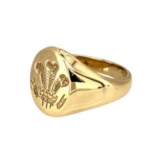 Load image into Gallery viewer, Preowned 9ct Yellow Gold Welsh Three Feathers Oval Signet Ring in size S with the weight 10.10 grams. The front of the ring is 16mm high
