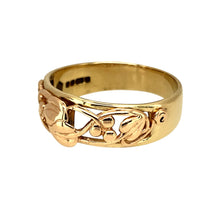 Load image into Gallery viewer, Preowned 9ct Yellow and Rose Gold Clogau Tree of Life Ring in size V with the weight 4.60 grams. The front of the ring is 8mm high
