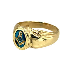 Preowned 14ct Yellow Gold Masonic Signet Ring in size W with the weight 6.30 grams. The front of the ring is 12mm high