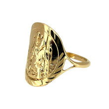 Load image into Gallery viewer, Preowned 9ct Yellow Gold St Christopher Ring in size N with the weight 3.70 grams. The front of the ring is 19mm high
