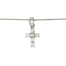 Load image into Gallery viewer, Preowned 9ct White Gold &amp; Cubic Zirconia Set Cross Pendant on a 16&quot; fine curb chain with the weight 1.60 grams. The pendant is 1.9cm long including the bail
