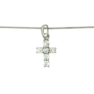 Preowned 9ct White Gold & Cubic Zirconia Set Cross Pendant on a 16" fine curb chain with the weight 1.60 grams. The pendant is 1.9cm long including the bail