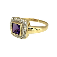 Load image into Gallery viewer, Preowned 9ct Yellow and White Gold Diamond &amp; Amethyst Set Halo Ring in size O with the weight 2.90 grams. The amethyst stone is 5mm by 5mm
