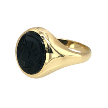 Load image into Gallery viewer, Preowned 9ct Yellow Gold &amp; Onyx Set Centurion Head Oval Signet Ring in size S with the weight 3.80 grams. The onyx stone is 11mm by 10mm
