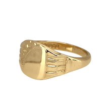 Load image into Gallery viewer, Preowned 9ct Yellow Gold Patterned Engraved Signet Ring in size X with the weight 5.20 grams. The front of the ring is 12mm high
