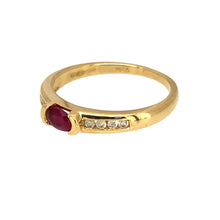 Load image into Gallery viewer, Preowned 18ct Yellow Gold Diamond &amp; Ruby Set Ring in size N with the weight 2.80 grams. The ruby stone is 6mm by 3mm
