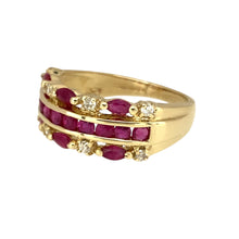 Load image into Gallery viewer, Preowned 9ct Yellow Gold Diamond &amp; Ruby Set Three Row Ring in size N with the weight 3.60 grams. The front of the ring is 8mm wide
