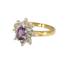 Load image into Gallery viewer, Preowned 9ct Yellow and White Gold Diamond &amp; Amethyst Set Cluster Ring in size L with the weight 2.70 grams. The amethyst stone is 6mm by 4mm
