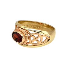 Load image into Gallery viewer, Preowned 9ct Yellow and Rose Gold &amp; Garnet Set Clogau Celtic Knot Ring in size R with the weight 5.30 grams. The garnet stone is 5mm by 7mm
