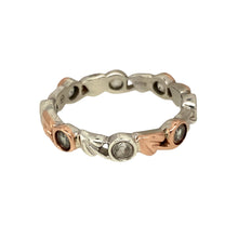 Load image into Gallery viewer, Preowned 925 Silver with 9ct Rose Gold &amp; White Topaz Set Clogau Tree of Life Band Ring in size L with the weight 2.30 grams. The band is 4mm wide
