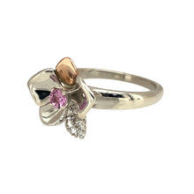 Load image into Gallery viewer, Preowned 925 Silver with 9ct Rose Gold &amp; White and Pink Topaz Set Clogau Flower Ring in size L with the weight 3.20 grams. The front of the ring is 13mm high
