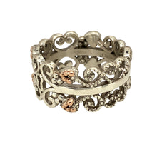 Load image into Gallery viewer, Preowned 925 Silver with 9ct Rose Gold Clogau Kensington Ring in size N with the weight 5.10 grams. The band is 10mm wide and is tree of life patterned
