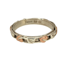 Load image into Gallery viewer, Preowned 925 Silver with 9ct Rose Gold Clogau Tree of Life Band Ring in size R with the weight 3 grams. The band is 4mm wide
