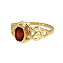 Load image into Gallery viewer, Preowned 9ct Yellow and Rose Gold &amp; Garnet Set Clogau Celtic Knot Ring in size V with the weight 2.60 grams. The garnet stone is 5mm by 7mm
