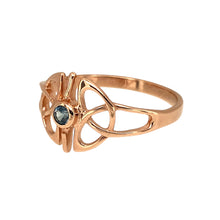 Load image into Gallery viewer, Preowned 9ct Rose Gold &amp; Sapphire Set Celtic Knot Ring in size U with the weight 2.30 grams. The sapphire stone is approximately 2.5mm diameter
