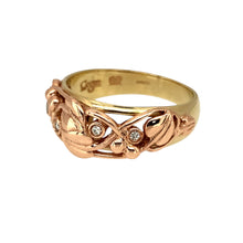 Load image into Gallery viewer, Preowned 9ct Yellow and Rose Gold &amp; Diamond Set Clogau Tree of Life Ring in size N to O with the weight 4.60 grams. The front of the ring is 8mm wide
