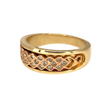 Load image into Gallery viewer, Preowned 9ct Yellow and Rose Gold &amp; Diamond Set Clogau Celtic Patterned Band Ring in size P with the weight 5.60 grams. The front of the band is 7mm wide
