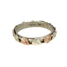 Load image into Gallery viewer, Preowned 925 Silver with 9ct Rose Gold Clogau Tree of Life Cariad Band Ring in size N with the weight 2.60 grams. The band is 4mm wide
