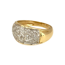 Load image into Gallery viewer, Preowned 9ct Yellow and White Gold &amp; Diamond Set Patterned Wide Band Ring in size Q with the weight 4 grams. The front of the band is 11mm wide
