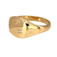 Load image into Gallery viewer, Preowned 9ct Yellow Gold &amp; Diamond Set Patterned Signet Ring in size X with the weight 6.10 grams. The front of the ring is 12mm high
