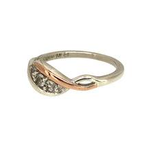 Load image into Gallery viewer, Preowned 925 Silver with 9ct Rose Gold &amp; White Topaz Set Trilogy Past, Present and Future Clogau Ring in size M with the weight 2.20 grams. The front of the ring is 6mm high
