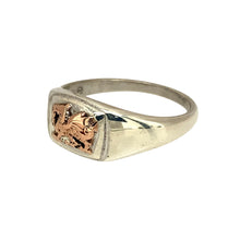 Load image into Gallery viewer, Preowned 925 Silver with 9ct Rose Gold Clogau Welsh Dragon Signet Ring in size L with the weight 3.60 grams. The front of the ring is 8mm high
