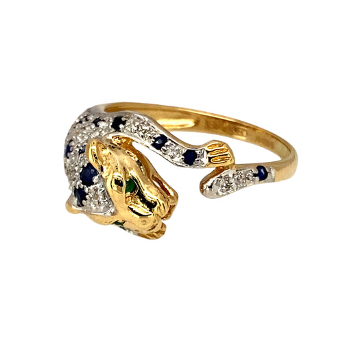 18ct Gold Diamond & Sapphire Set Leopard Style Ring