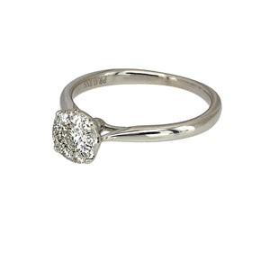 Preowned 18ct White Gold & Diamond Set Halo Solitaire Ring in size L with the weight 2.30 grams. There is approximately 0.29ct of diamond content set in total