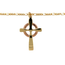 Load image into Gallery viewer, Preowned 9ct Yellow and Rose Gold Clogau Celtic Cross Pendant on an 18&quot; figaro chain with the weight 6.50 grams. The pendant is 4cm long including the bail
