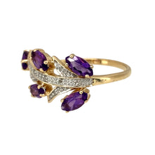 Load image into Gallery viewer, Preowned 9ct Yellow and White Gold Diamond &amp; Amethyst Set Leaf Style Band Ring in size P with the weight 2.60 grams. The band is approximately 10mm wide at the front
