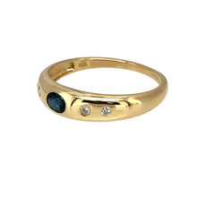 Load image into Gallery viewer, Preowned 9ct Yellow Gold Diamond &amp; Sapphire Set Band Ring in size P with the weight 1.60 grams. The sapphire stone is 3mm by 4mm
