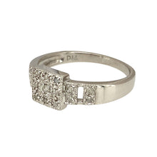 Load image into Gallery viewer, Preowned 9ct White Gold &amp; Diamond Set Square Cluster Ring in size O with the weight 2.60 grams. The front of the ring is 7mm high and the shoulders have a cut out detail
