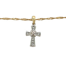 Load image into Gallery viewer, Preowned 9ct Yellow and White Gold &amp; Diamond Set Cross Pendant on a 16&quot; Singapore chain with the weight 2.70 grams. The pendant is 2.10cm long including the bail
