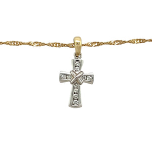 Preowned 9ct Yellow and White Gold & Diamond Set Cross Pendant on a 16" Singapore chain with the weight 2.70 grams. The pendant is 2.10cm long including the bail