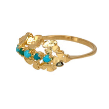 Load image into Gallery viewer, Preowned 9ct Yellow Gold &amp; Turquoise Set Flower Style Ring in size P with the weight 2.20 grams. The front of the band is 10mm wide and the turquoise stones are each approximately 2mm diameter
