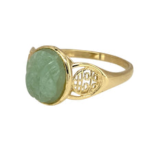 Load image into Gallery viewer, Preowned 14ct Yellow Gold &amp; Jade Set Engraved Oval Cut Ring in size U with the weight 3.40 grams. The jade stone is 12mm by 10mm
