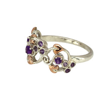 Load image into Gallery viewer, Preowned 925 Silver Clogau with 9ct Rose Gold Clogau &amp; Amethyst Set Clogau Tree of Life Ring in size O with the weight 2.80 grams. The front of the ring is 10mm high
