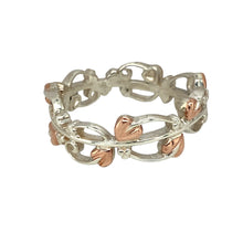 Load image into Gallery viewer, Preowned 925 Silver Clogau with 9ct Rose Gold Clogau Cariad Tree of Life Band Ring in size S to T with the weight 4.60 grams. The band is 9mm wide
