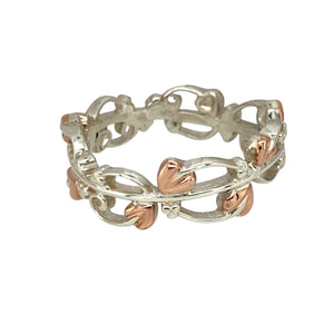 Preowned 925 Silver Clogau with 9ct Rose Gold Clogau Cariad Tree of Life Band Ring in size S to T with the weight 4.60 grams. The band is 9mm wide