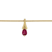 Load image into Gallery viewer, Preowned 9ct Yellow Gold &amp; Ruby Set Pendant on a 16&quot; pendant curb chain with the weight 1.60 grams. The ruby stone is 6mm by 4mm and the pendant is 1.5cm long
