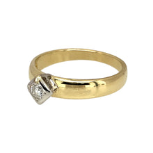 Load image into Gallery viewer, Preowned 9ct Yellow Gold &amp; Diamond Offset Square Set Solitaire Ring in size N with the weight 2.20 grams. The diamond is approximately 0.10ct
